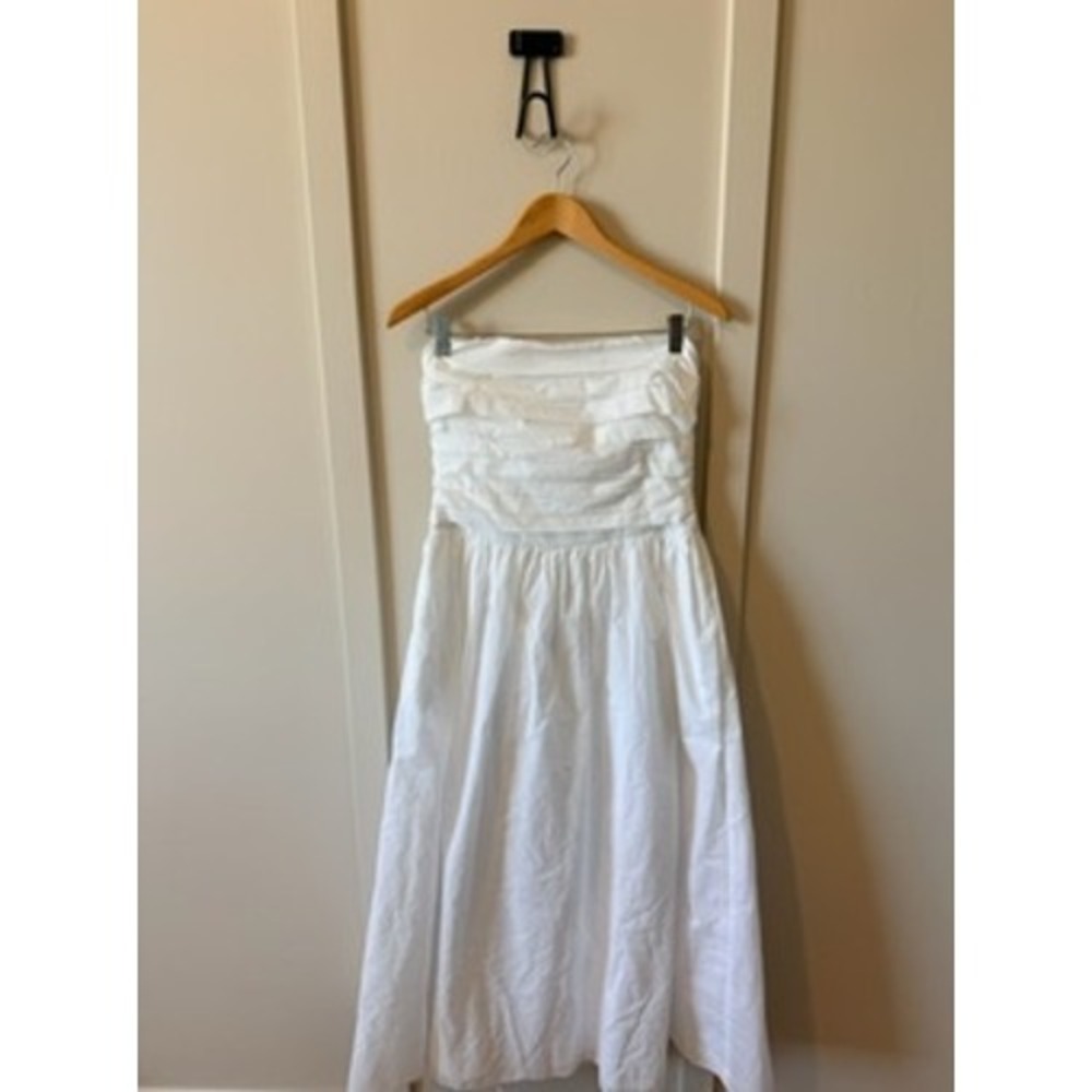 Luxely White Strapless Pleated Tiered Cotton Midi Dress Size 10 Pockets